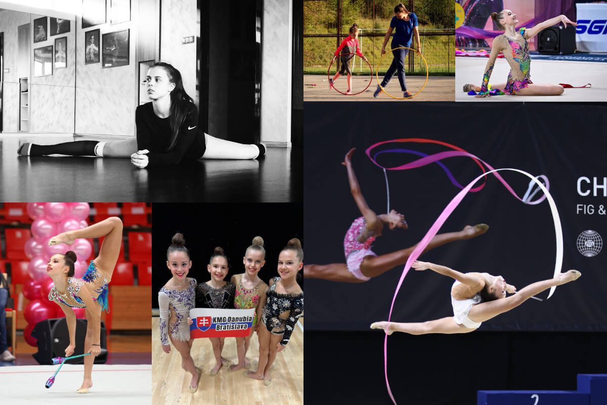 Gymnastky Danubie pri tréningu a na súťaži so stuhou a kužeľmi